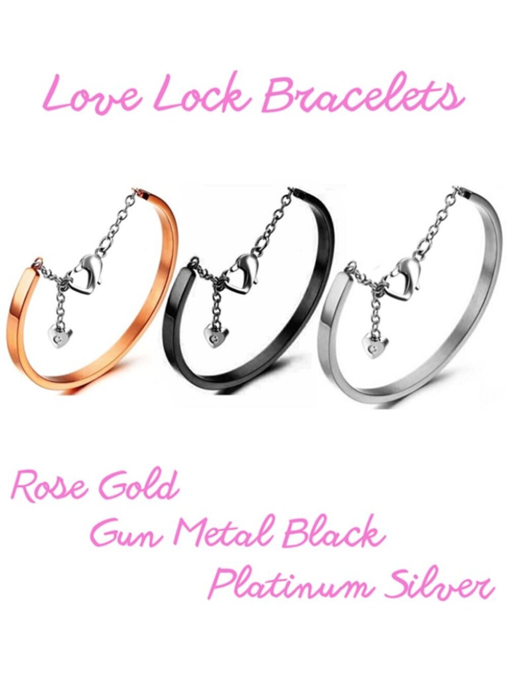 Set‎ of 3 Stainless Steel Silver Gunmetal Black Rose Gold Love Lock Bracelets
